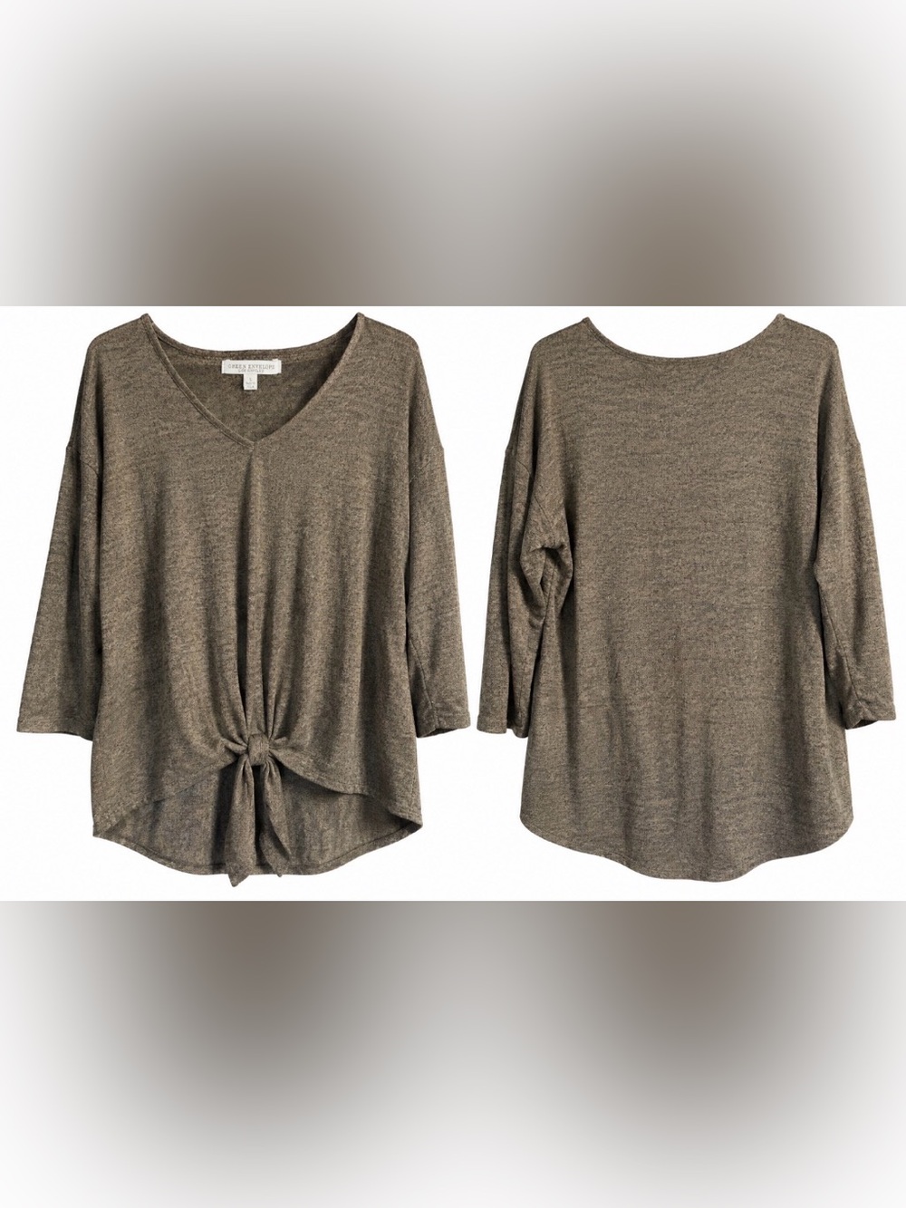 Green Envelope Olive Green Tie Front V-Neck 3/4 Sleeve Top Women's L